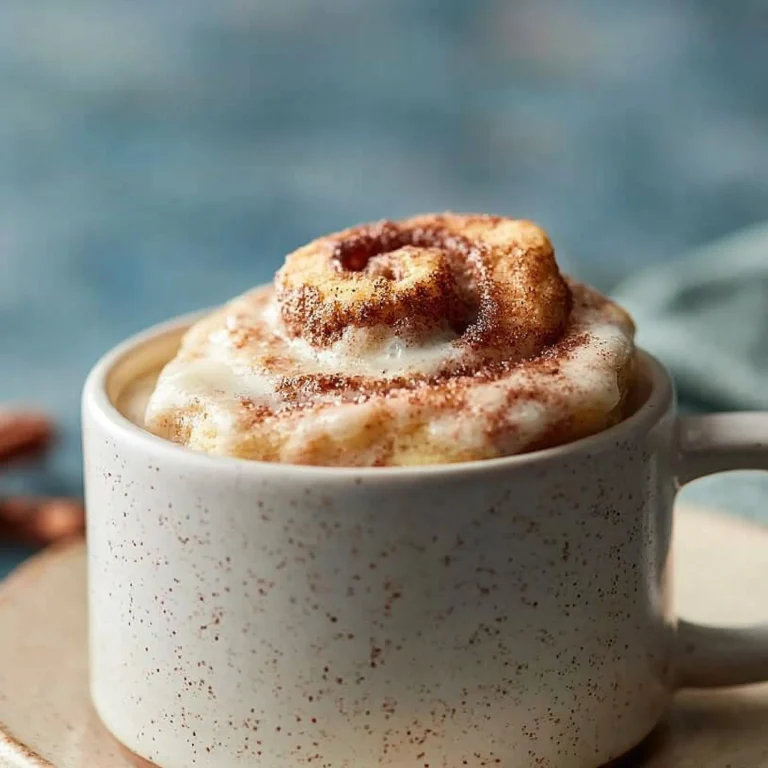 Delicious microwave cinnamon roll in a mug topped with icing