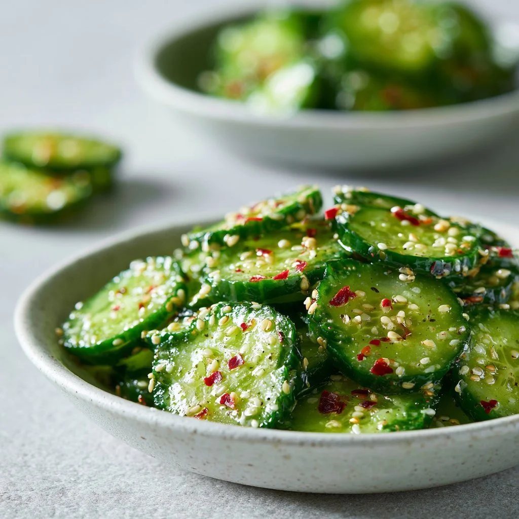 Bowl of Asian cucumber salad with fresh herbs and dressing