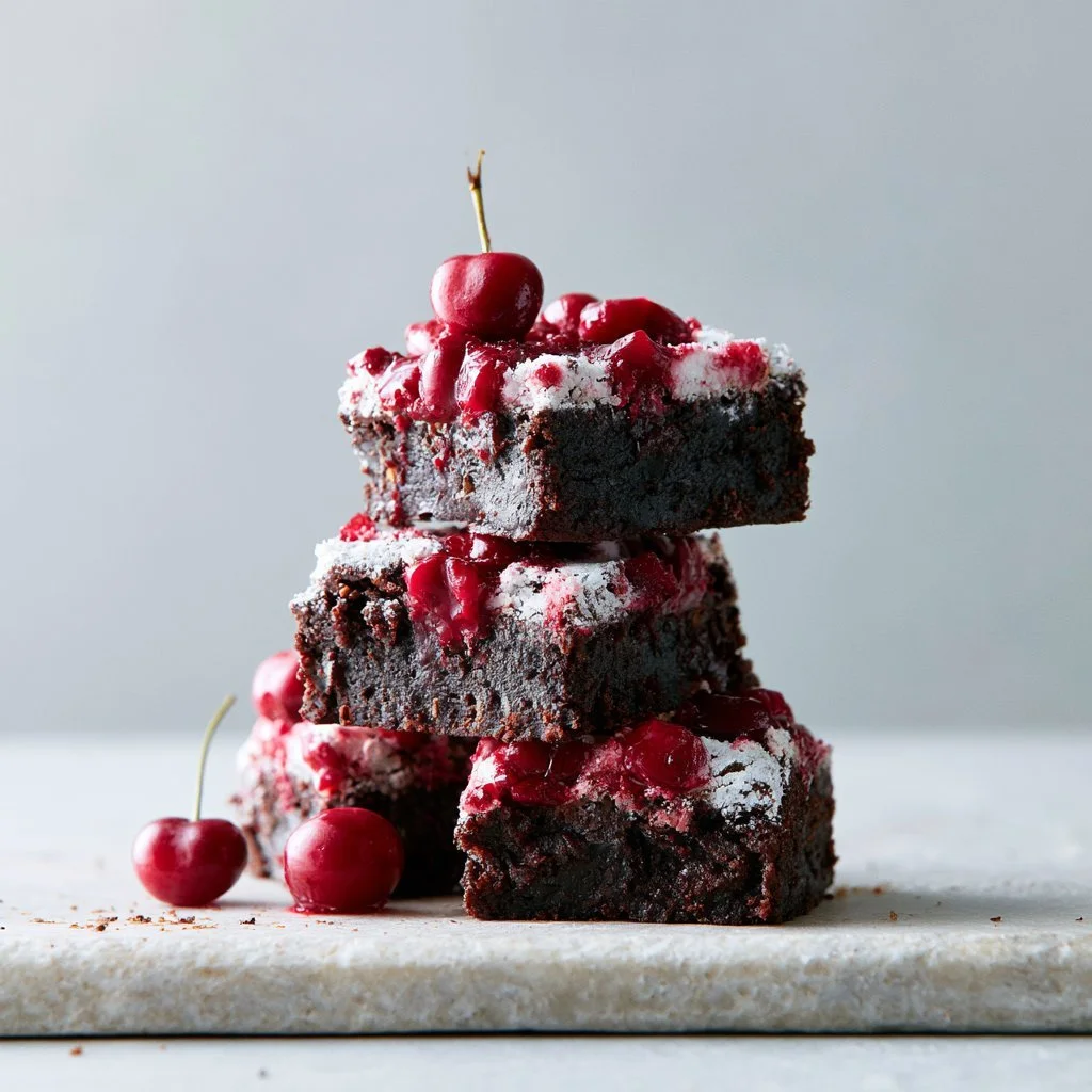 Delicious cherry brownies topped with fresh cherries on a rustic wooden table