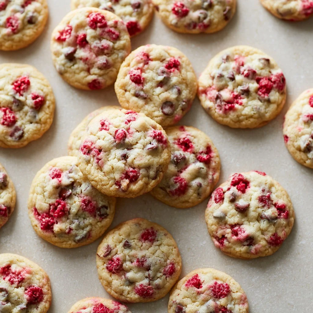 Chewy raspberry chocolate chip cookies on a baking sheet fresh from the oven