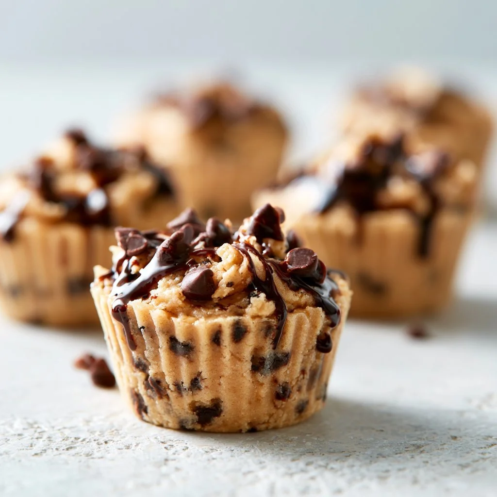 Chocolate Chip Cookie Dough Cups served on a plate with a chocolate drizzle.