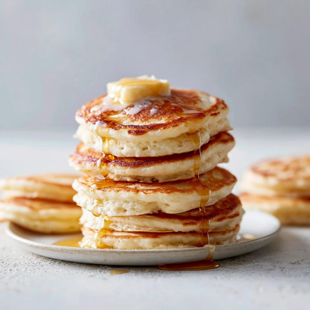 Fluffy classic American pancakes stacked with syrup and berries