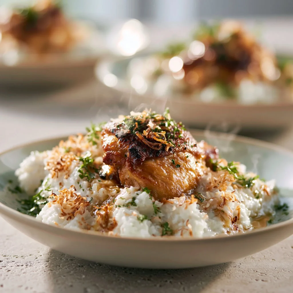 One-pan Coconut Chicken and Rice dish served with vibrant vegetables.