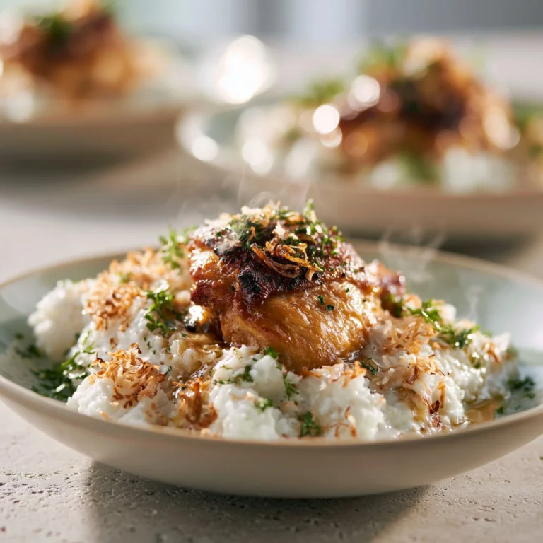 One-pan Coconut Chicken and Rice dish served with vibrant vegetables.