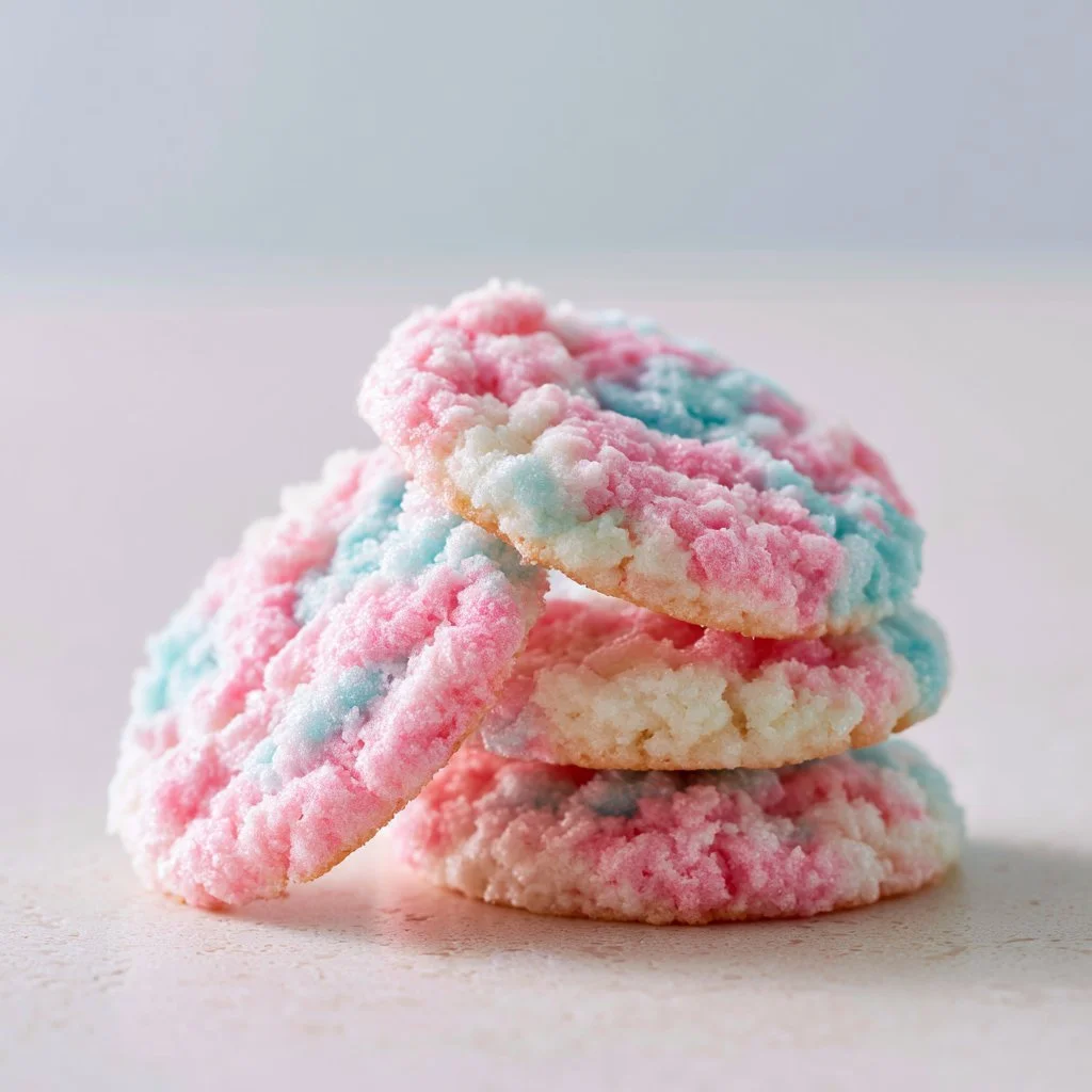 Delicious cotton candy cookies with colorful sprinkles on a plate
