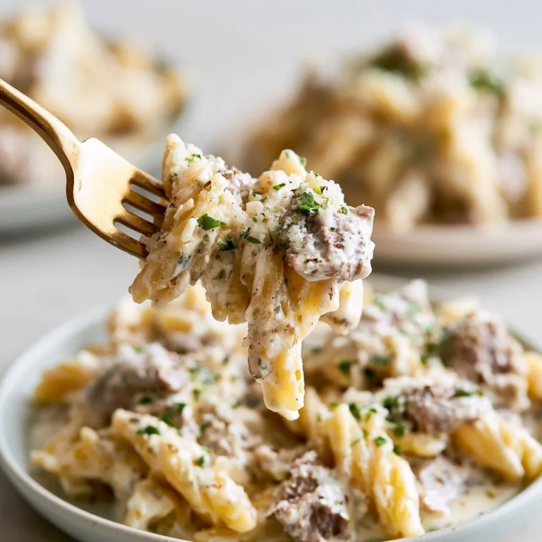 Creamy beef pasta dish with herbs and cheese served in a bowl