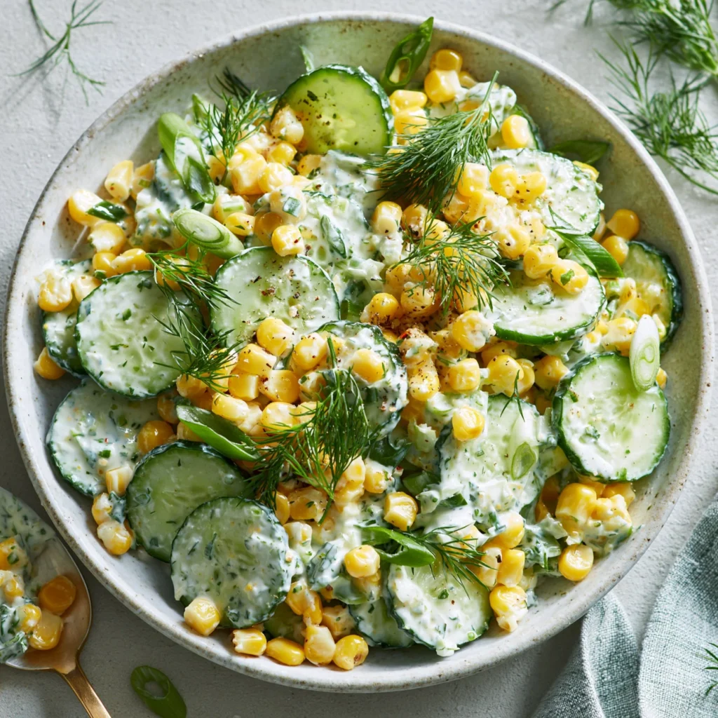 Delicious creamy corn and cucumber salad in a bowl