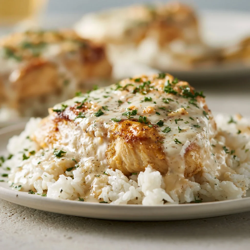Delicious creamy smothered chicken served over fluffy rice