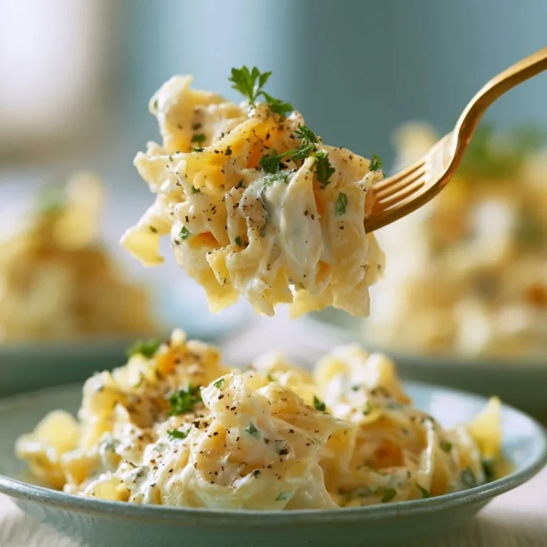 Dish of creamy pasta topped with herbs and cheese
