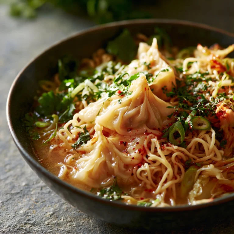 A bowl of dumplings and noodles, showcasing a delicious Asian meal.