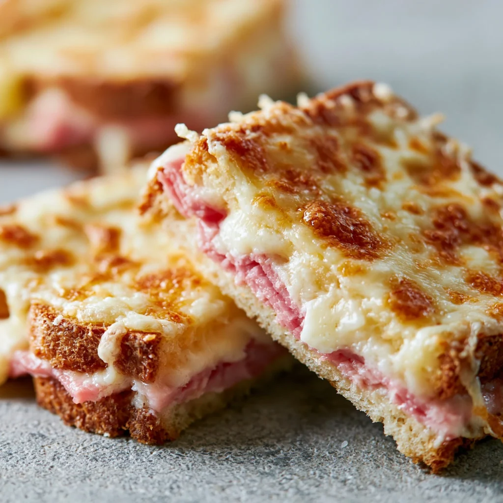 Easy homemade Croque Monsieur with ham and cheese sandwich on a plate.