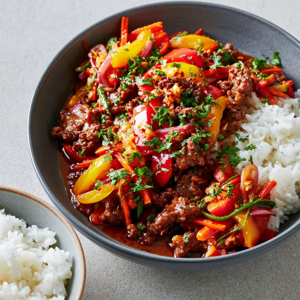 Fiery ground beef stir-fry with garlic vegetables served with steamed rice.