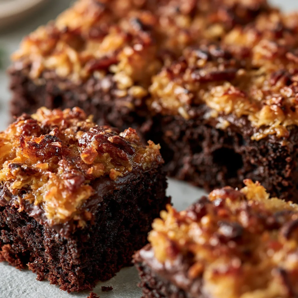 Delicious German Chocolate Poke Cake topped with coconut pecan frosting.