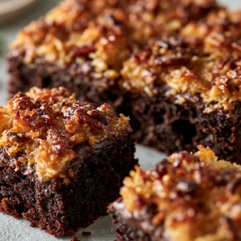 Delicious German Chocolate Poke Cake topped with coconut pecan frosting.