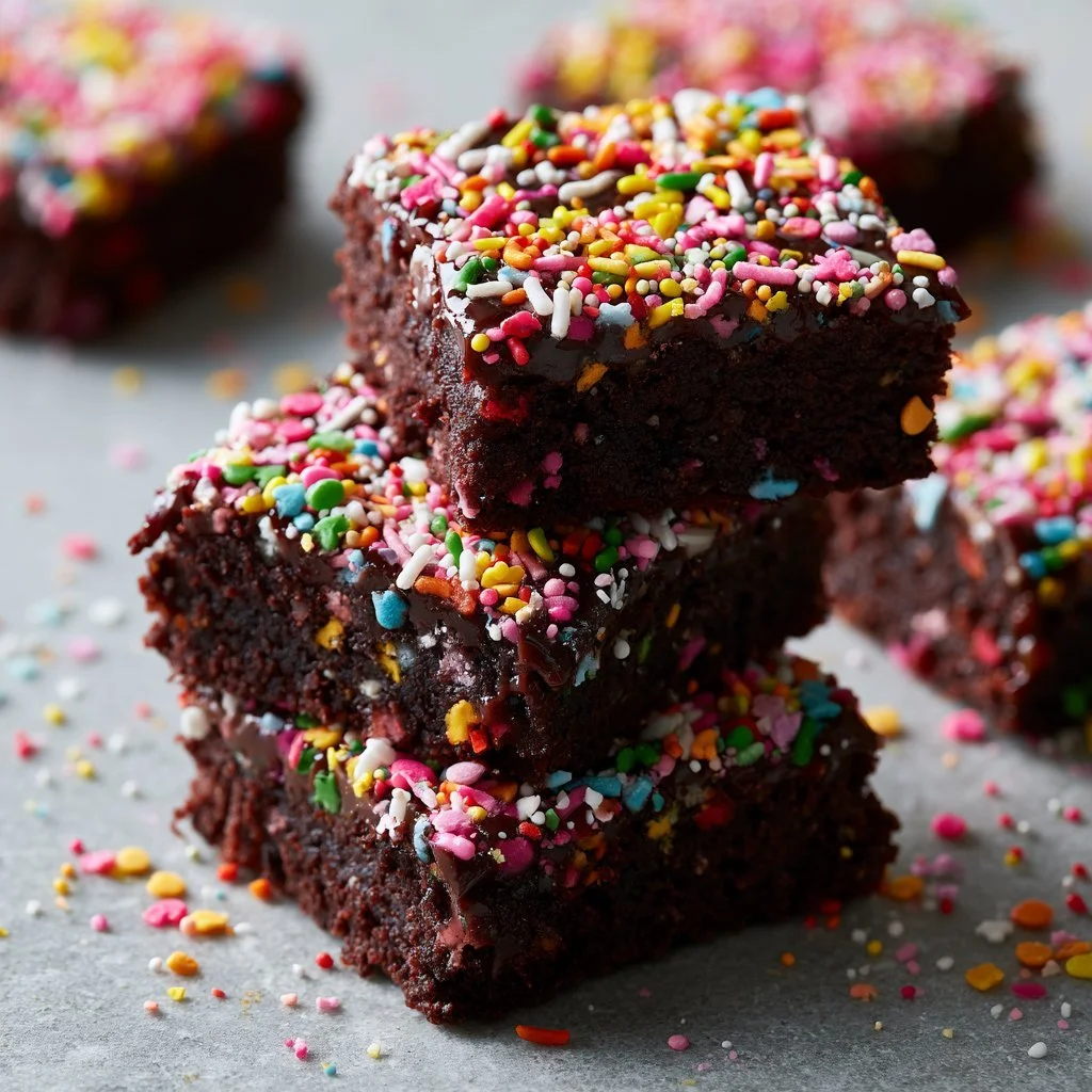 Gourmet cosmic brownies with colorful sprinkles and a rich chocolate texture
