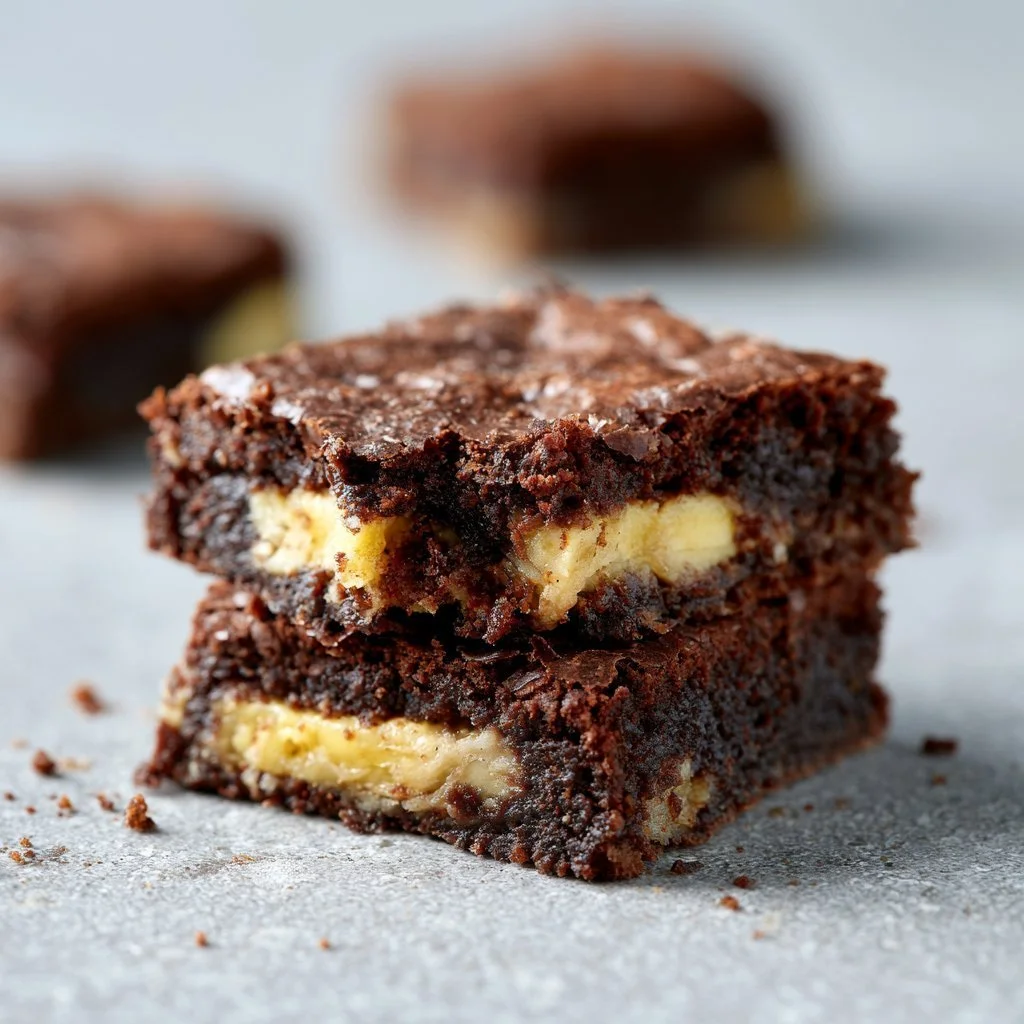 Delicious healthy banana brownies topped with walnuts on a wooden table.