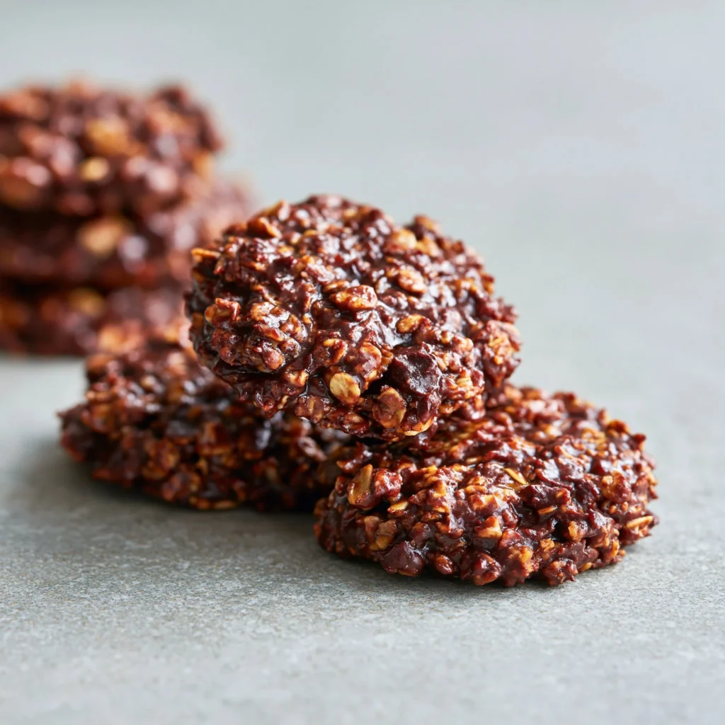 Healthy no-bake chocolate oat cookies on a plate