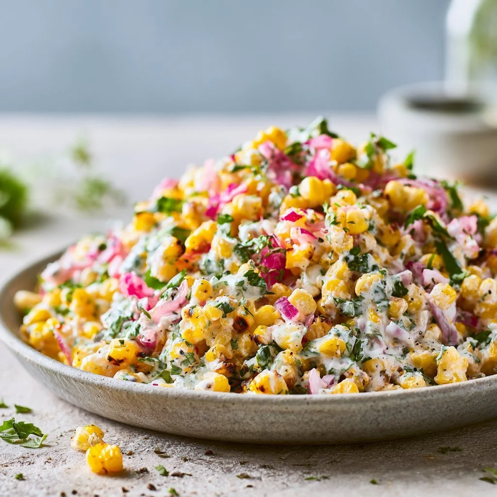 Healthy street corn salad with Greek yogurt served in a bowl