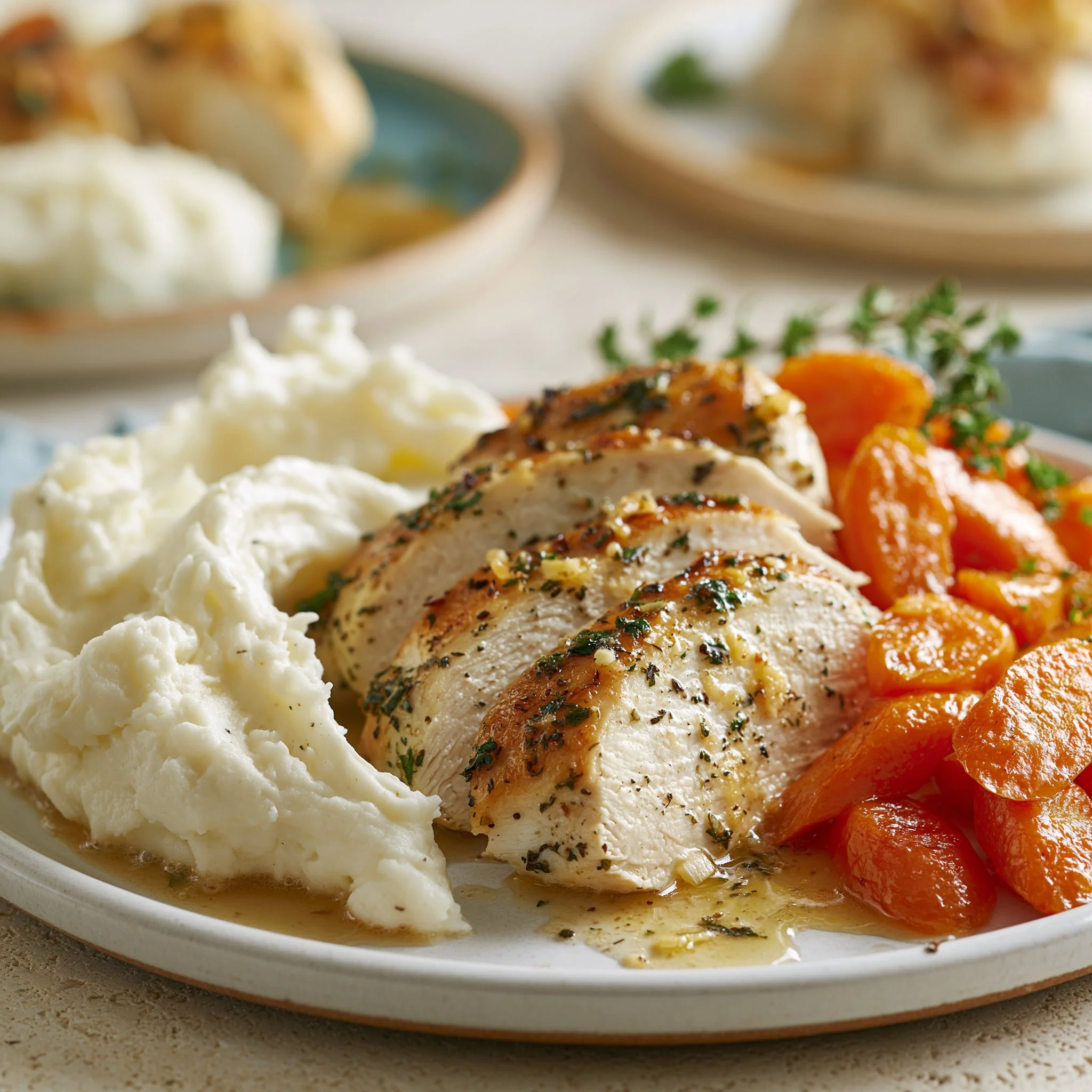 Garlic Herb Chicken with Mashed Potatoes and Glazed Carrots
