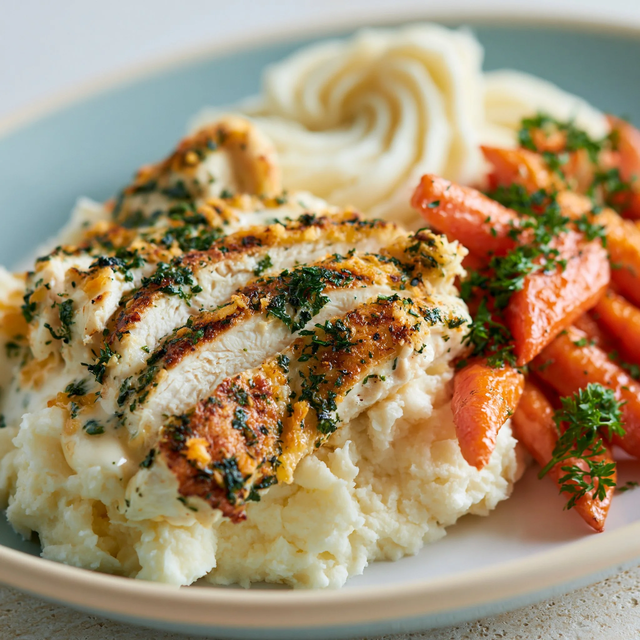 Garlic Herb Chicken with Mashed Potatoes and Glazed Carrots