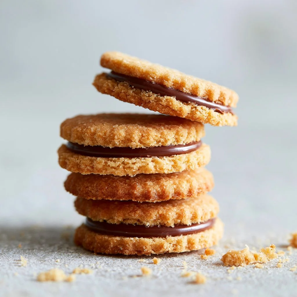 Homemade Kingston biscuits on a plate with coconut and chocolate filling