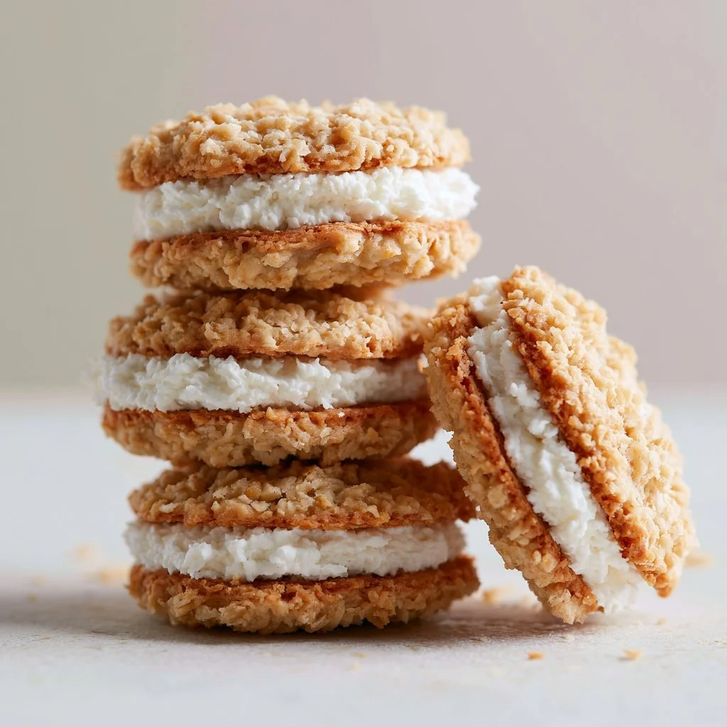 Homemade oatmeal cream pies with creamy filling between two soft cookies