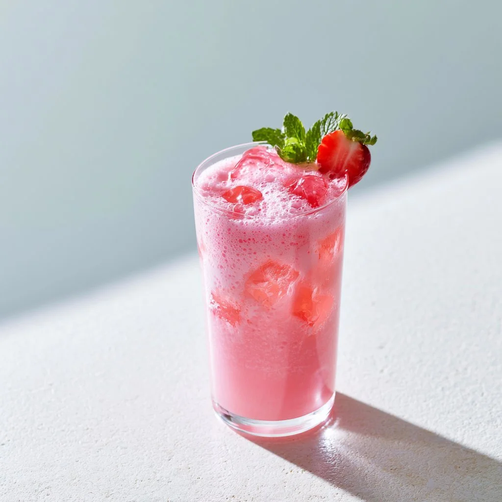Refreshing homemade pink drink with strawberries and coconut milk