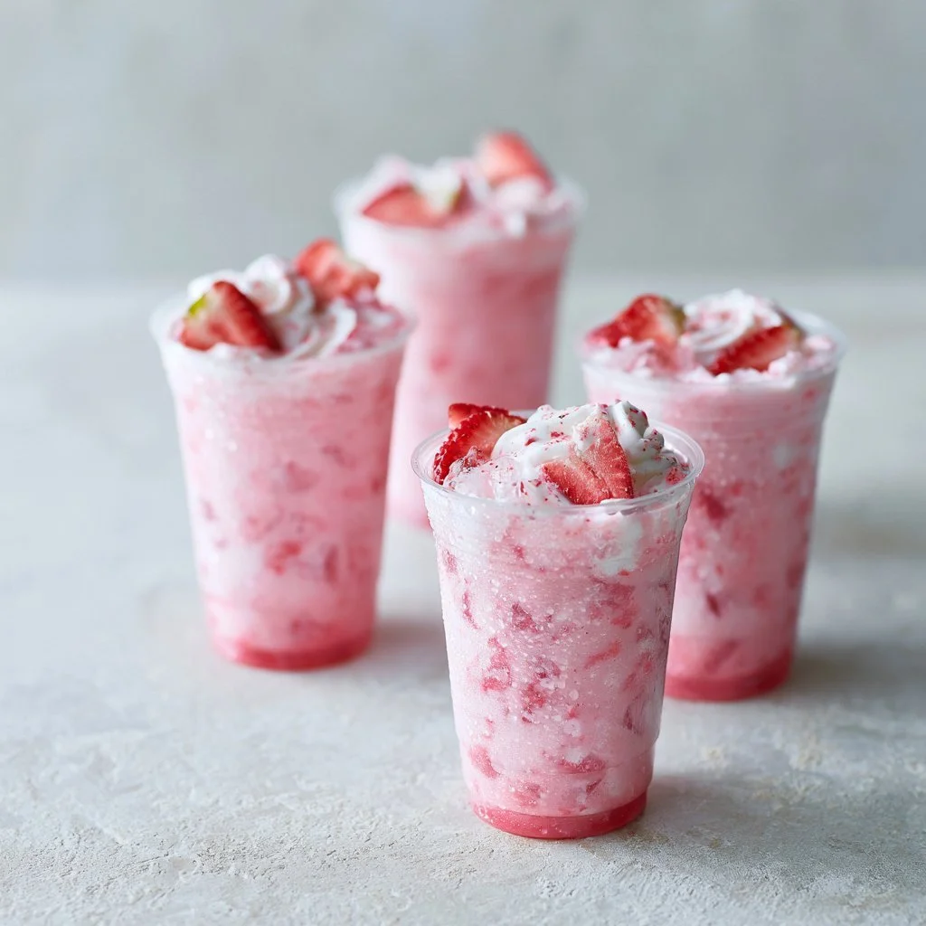 Refreshing homemade pink drink in a glass with strawberries and coconut milk