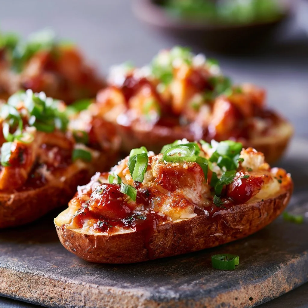 Honey BBQ Chicken Potatoes topped with smoky BBQ sauce and herbs