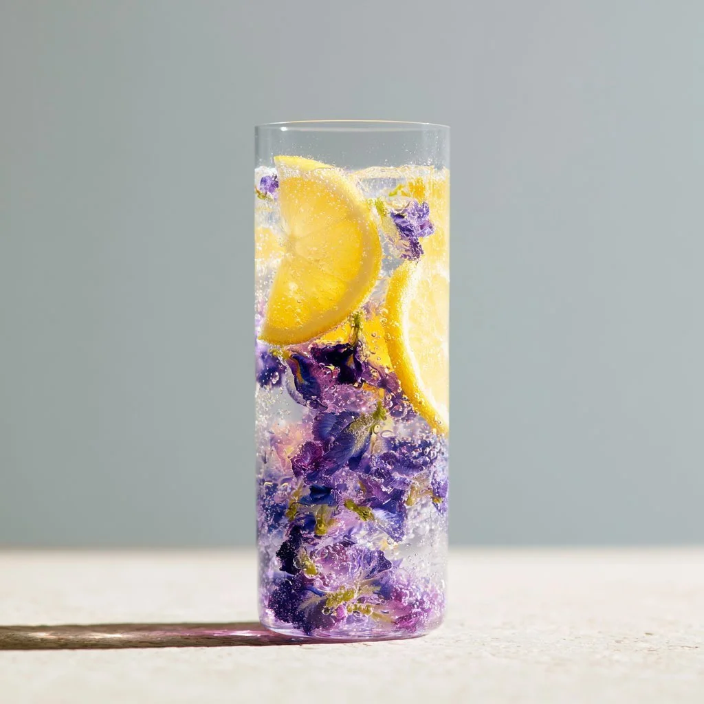 Honey Lemon Butterfly Fizz cocktail served in a glass with lemon slices.