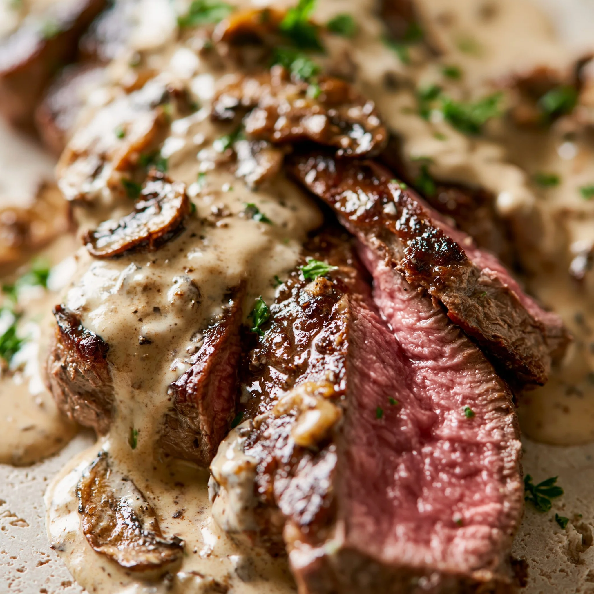 Jugosa Carne con Salsa Cremosa y Champiñones