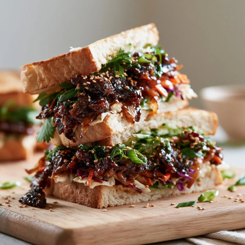 Korean Bulgogi Beef Sandwich with marinated beef and fresh vegetables