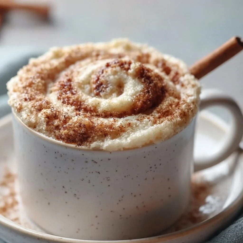 Lightning microwave cinnamon roll mug cake topped with icing in a coffee mug