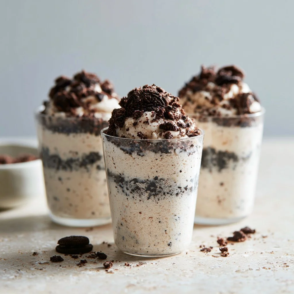 Delicious chocolate Oreo Mousse in a glass with crushed Oreos on top