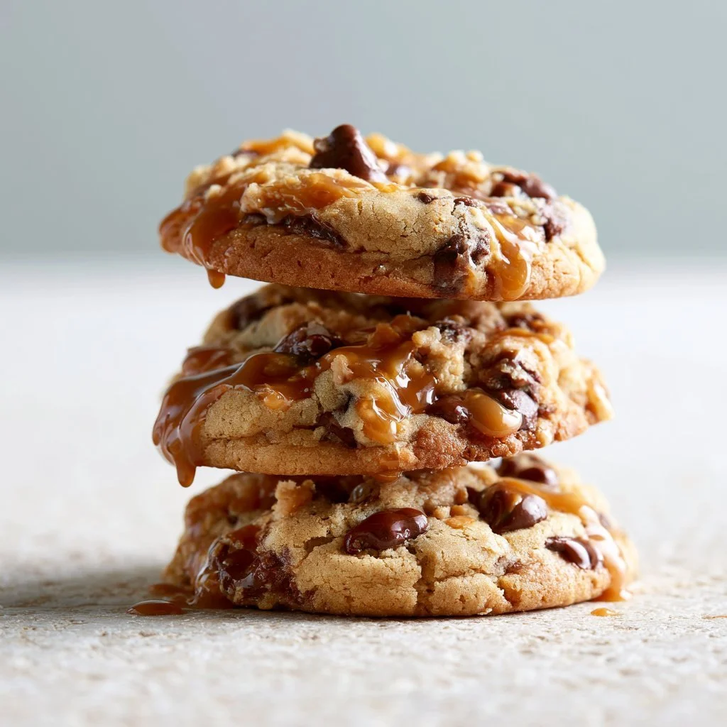 Delicious Peanut Butter Chocolate Caramel Cookies on a plate