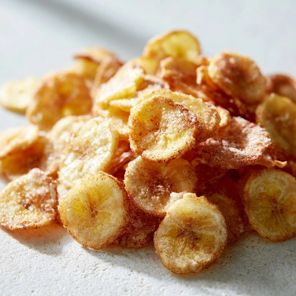 Crispy cinnamon-sugar air fryer banana chips in a bowl