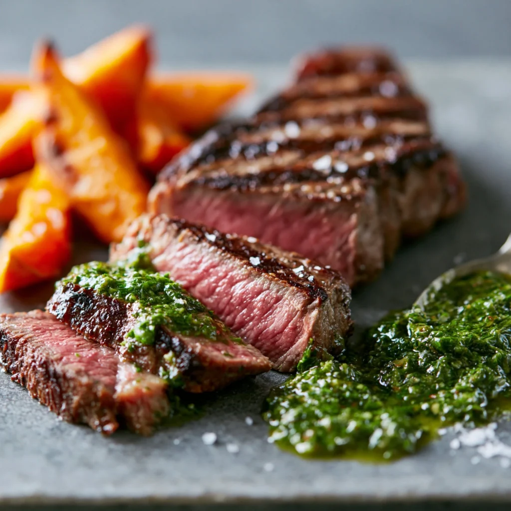 Ribeye steak with chimichurri sauce and roasted sweet potatoes on a plate.