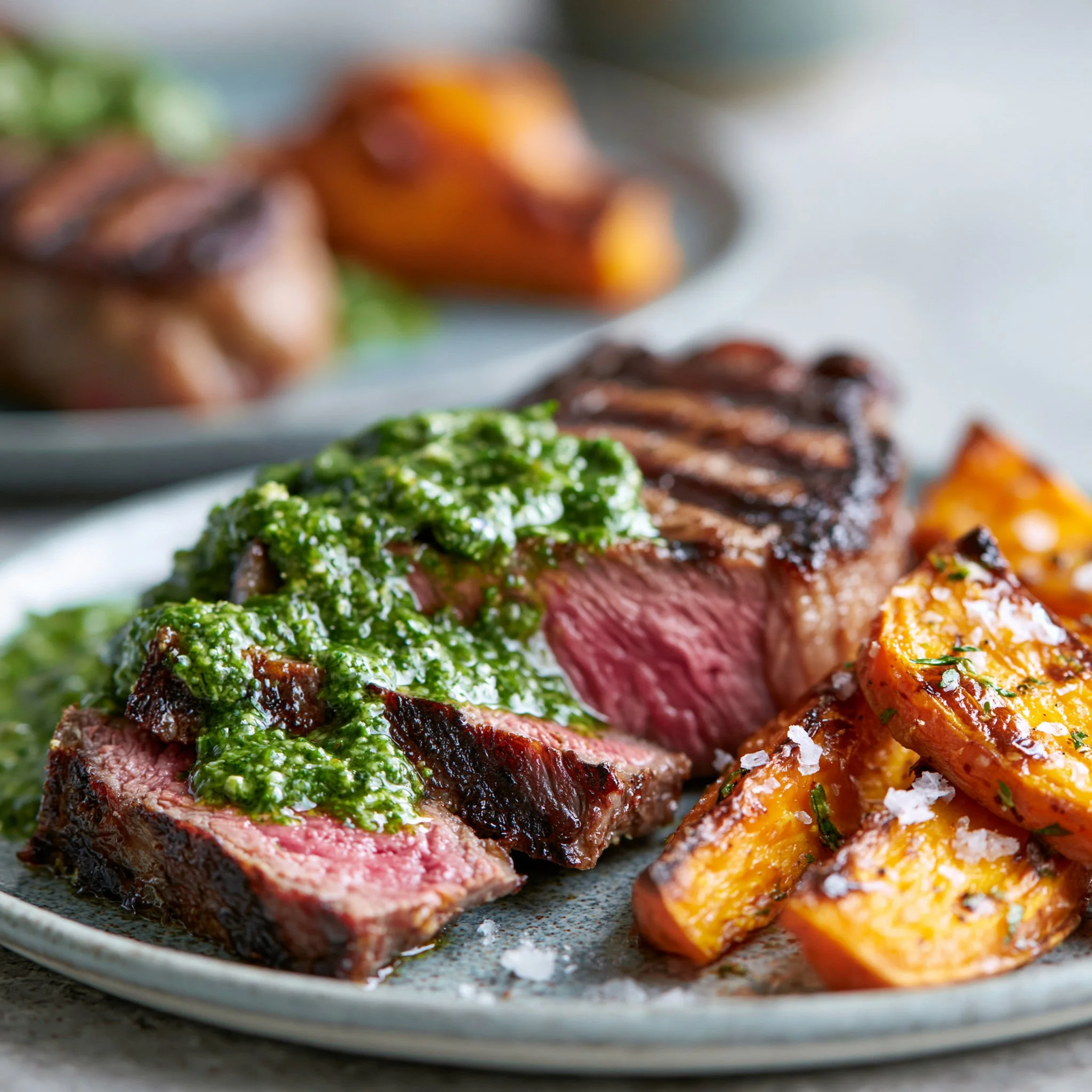 Ribeye Steak with Sweet Potato and Chimichurri