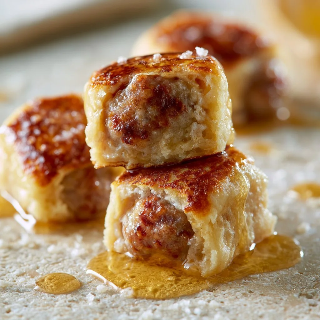Plate of homemade Sausage Pancake Bites garnished with syrup and fresh fruits.