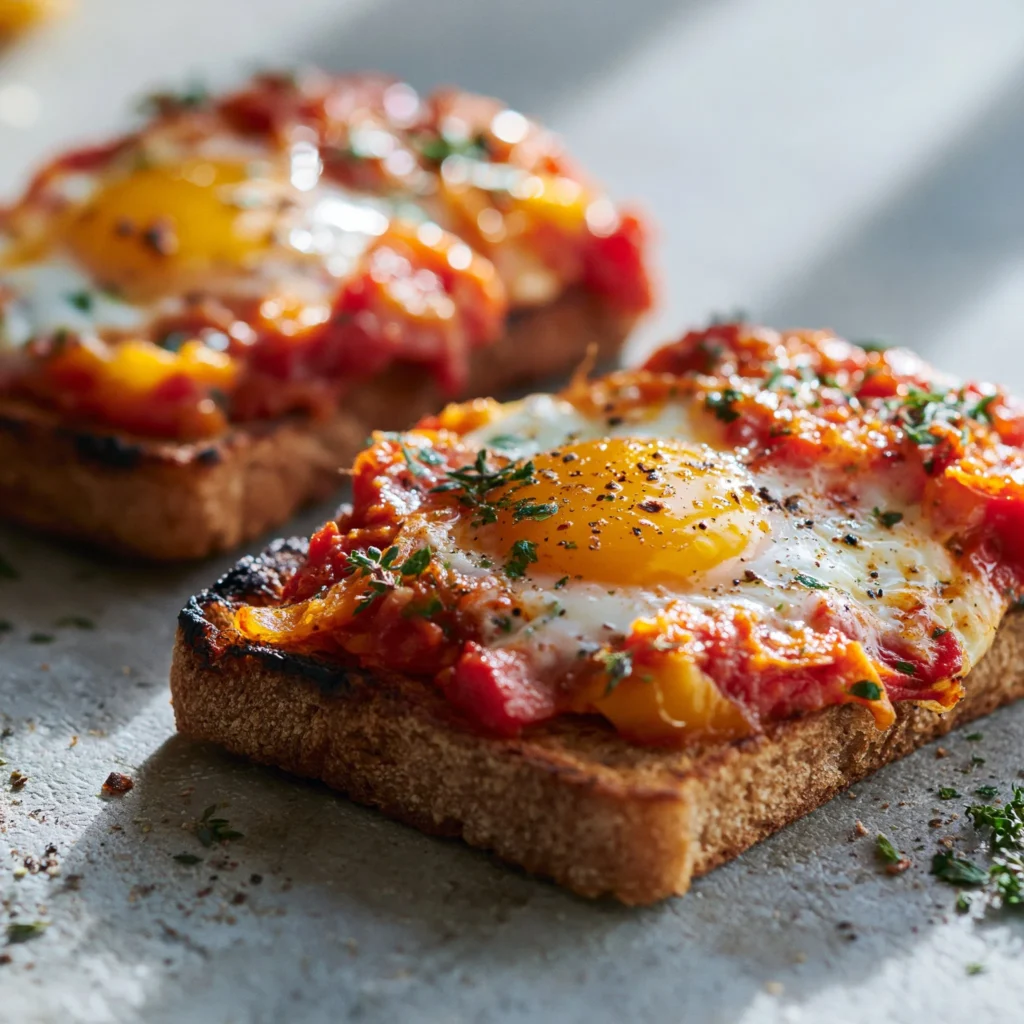 Delicious Shakshuka Toast topped with poached eggs and spices