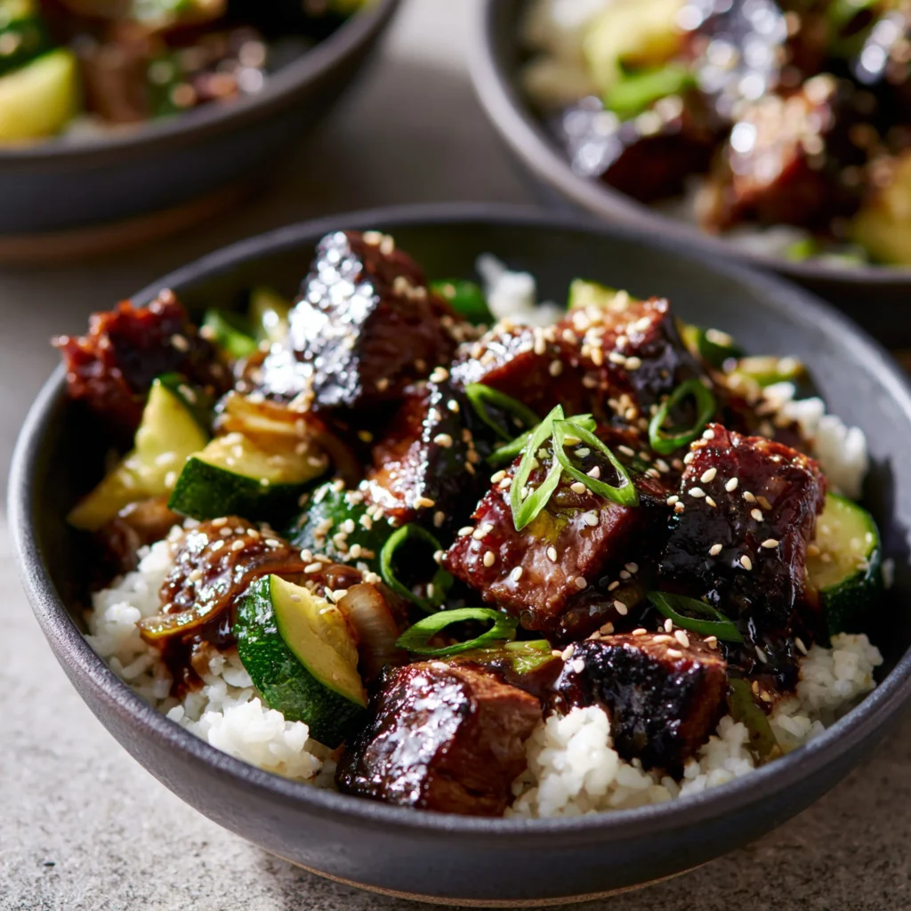 Delicious hibachi steak bowl with grilled vegetables and rice