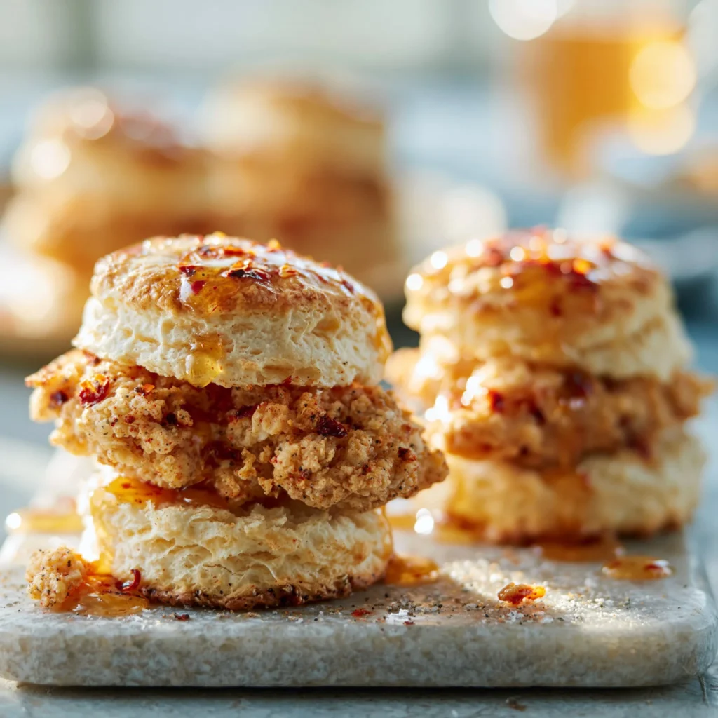 Spicy honey chicken biscuits served on a plate with dipping sauce