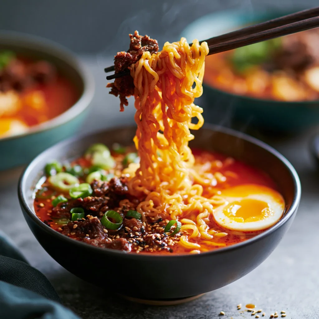 Bowl of spicy Korean beef ramen topped with herbs and vegetables