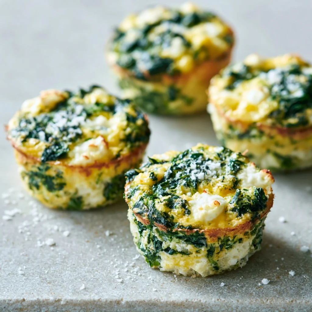 Delicious spinach and feta egg muffins served in a muffin tin.