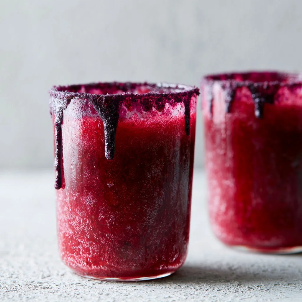 Vampire's Kiss mocktail in a glass with spooky garnishes