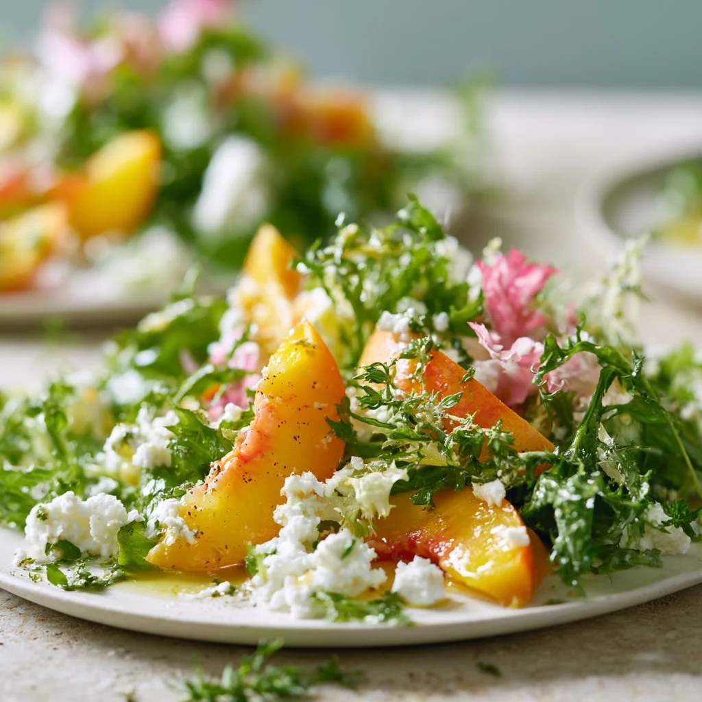 Bright Summer Peach Salad with fresh peaches, greens, and light dressing.