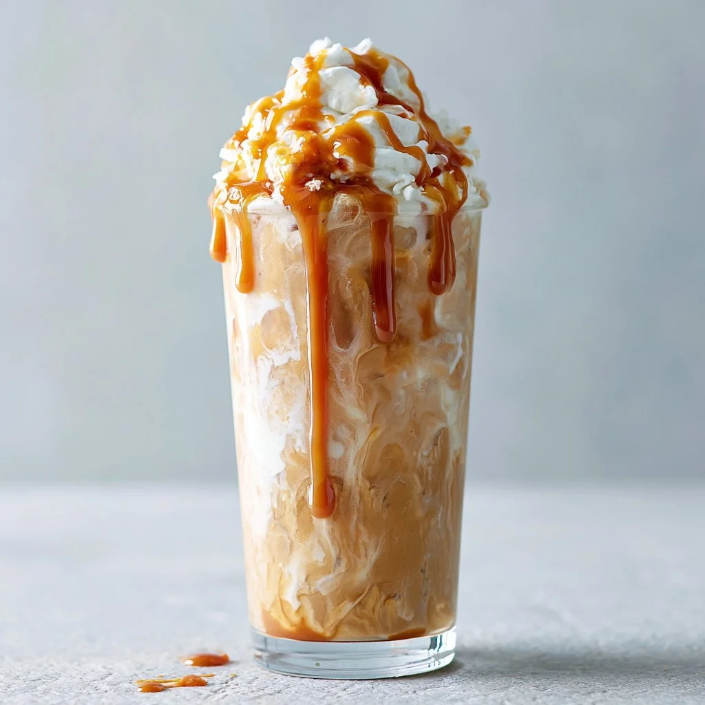 Delicious Caramel Frappe in a glass topped with whipped cream and caramel drizzle