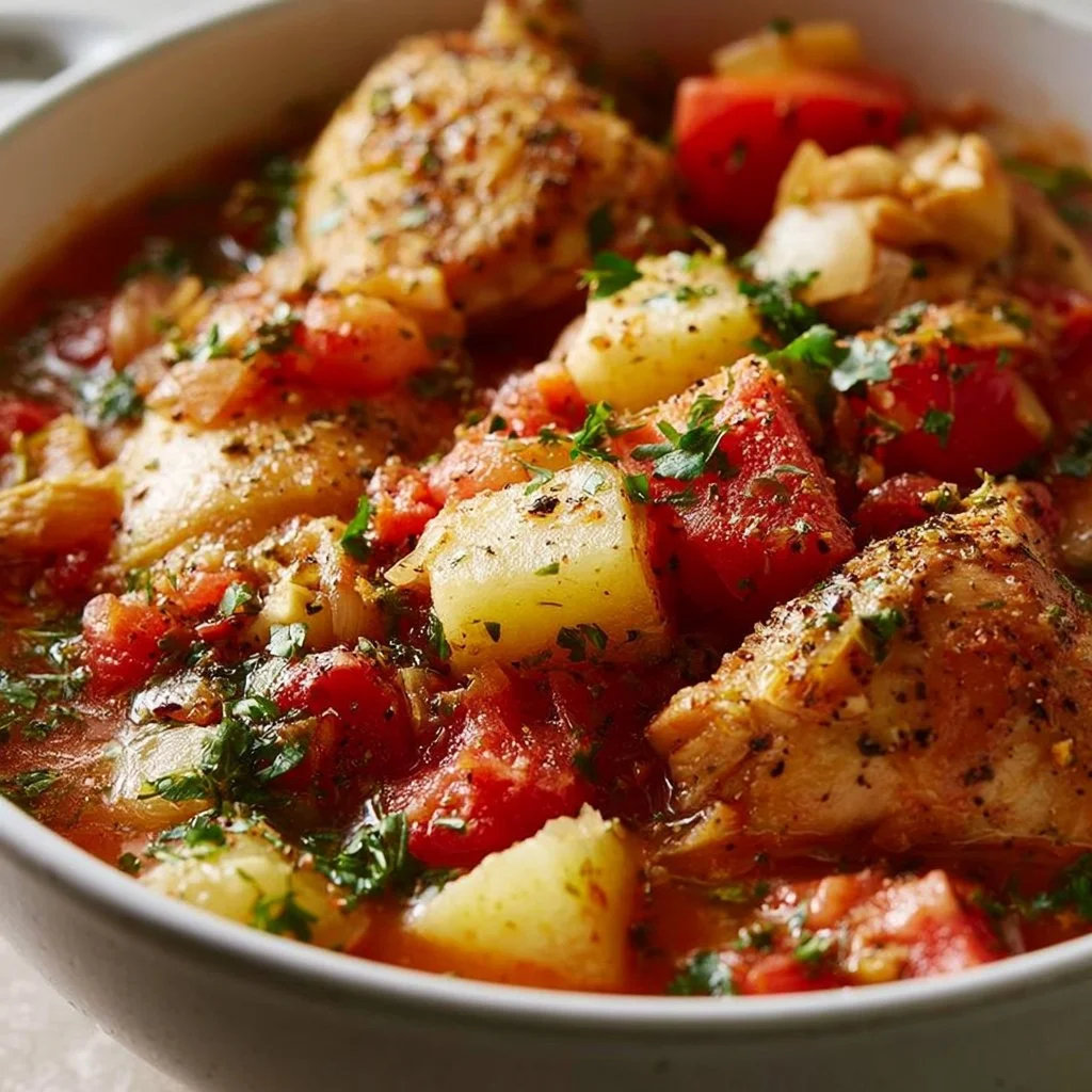 Delicious one-pot chicken stew with vegetables in a cozy bowl