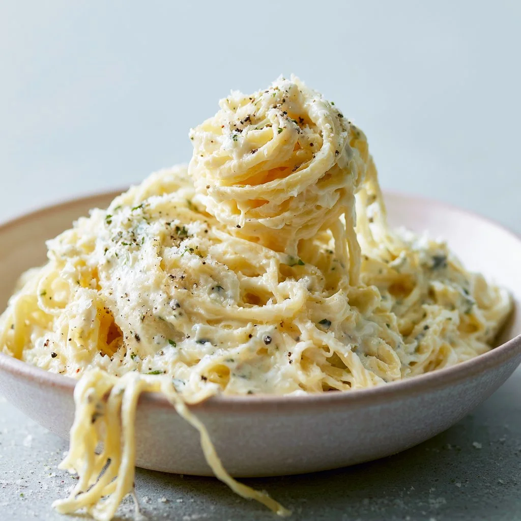 A bowl of creamy cream cheese pasta garnished with herbs and spices.