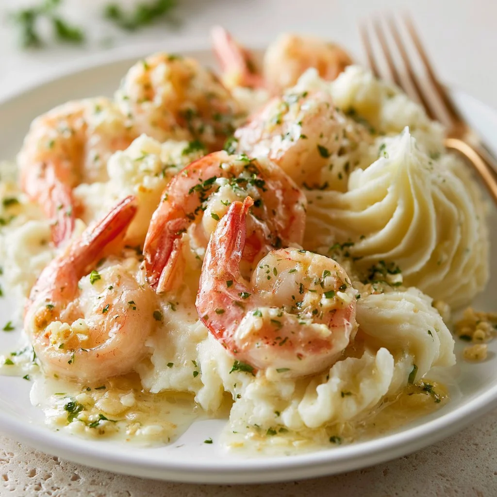 Creamy garlic butter shrimp over fluffy mashed potatoes garnished with herbs